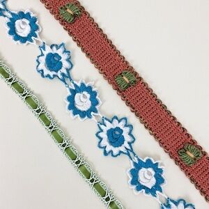 Lot of 3 vintage sewing trims green velvet scroll blue crochet & orange